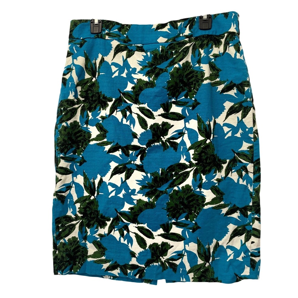 J.Crew No. 2 Pencil Skirt Women 14 Blue Green Floral Cotton Blend Back Zipper